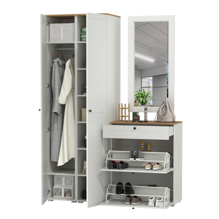 Прихожие, Тумба для обуви с зеркалом и два шкаф-пенала с полками Остин