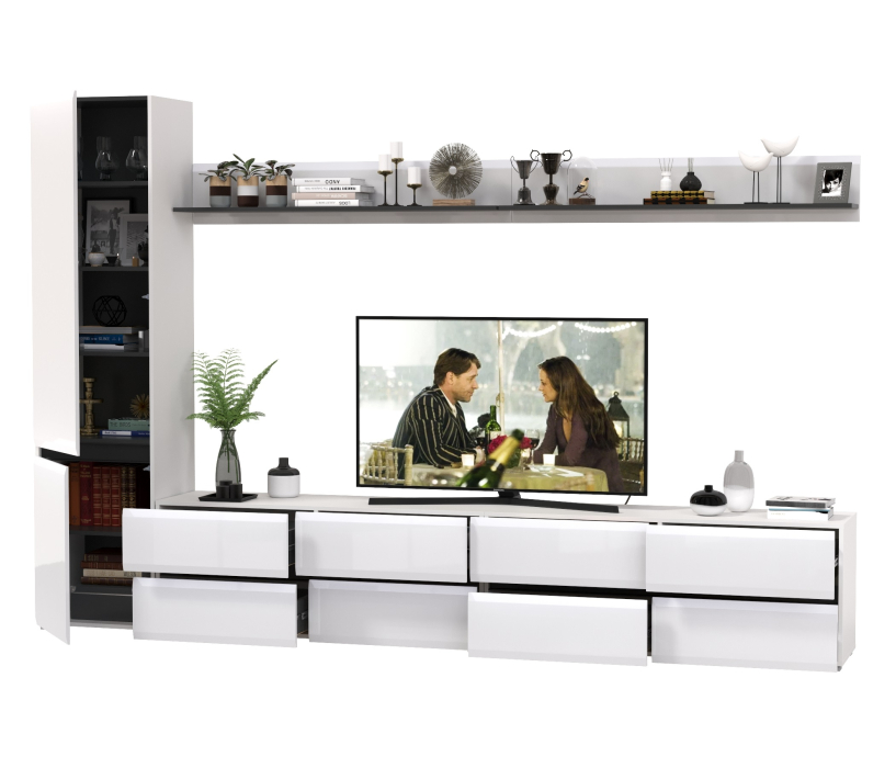 Стенки для гостиной, Две ТВ-тумбы с двумя навесными полочками и шкафом с полками Сидней