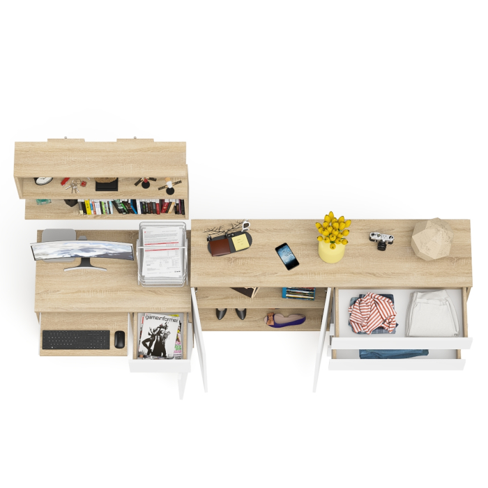 Домашние кабинеты, Тумба-комод с дверками и ящиками на 1600 со столом с тумбой и ящиком справа и навсеной полкой Мори