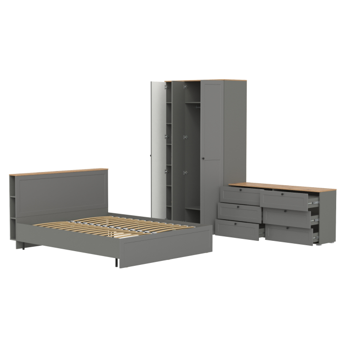 Спальные гарнитуры, Шкаф для одежды трёхдверный с зеркалом Остин с кроватью с основанием и комода на 6-ть ящиков