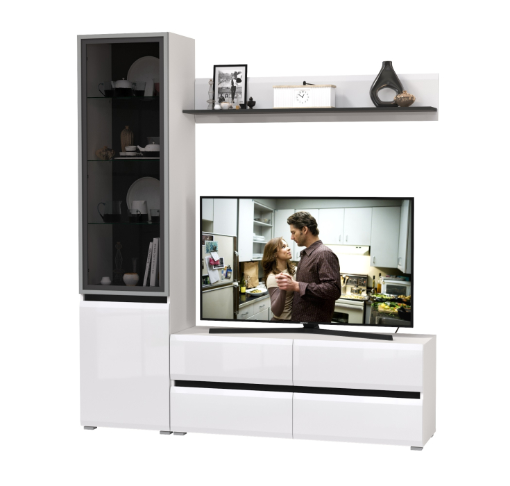 Стенки для гостиной, Шкаф-витрина с навесной полочкой и тумба для ТВ Сидней
