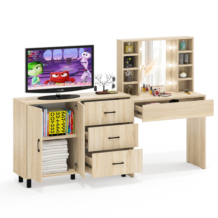 С зеркалом, Туалетный столик с подсветкой 115 и тумба-комод 123-1204