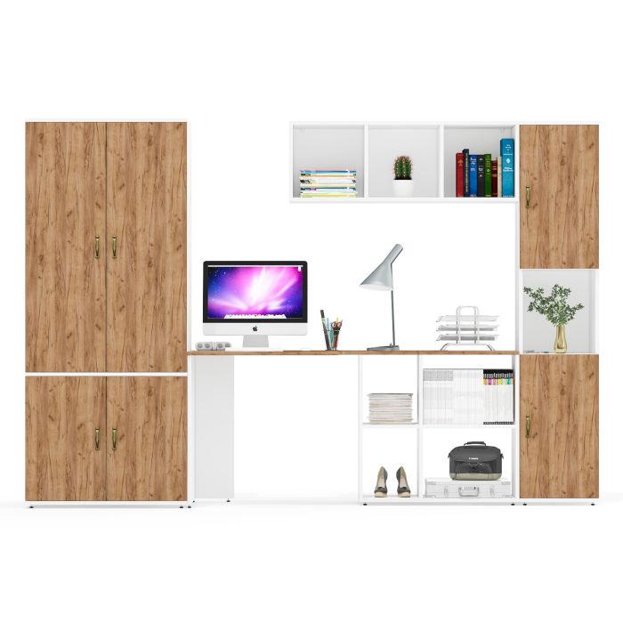 Домашние кабинеты, Стол-трансформер письменный с настенной полкой для книг Лидер-8 с глубоким шкафом и пеналом с нишей