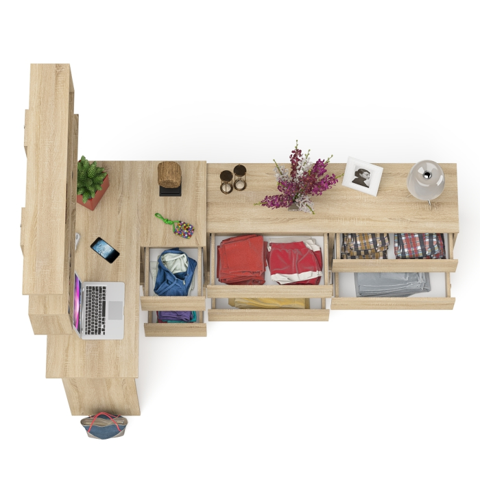 Домашние кабинеты, Комод широкий 6-ть ящиков Мори МК1380.6 с угловым компьютерным столом МС-16 правым и открытой книжной полкой