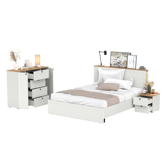 Спальные гарнитуры, Кровать Остин 1600 с ортопедическим основанием с тумбой-комодом и тумбой прикроватной