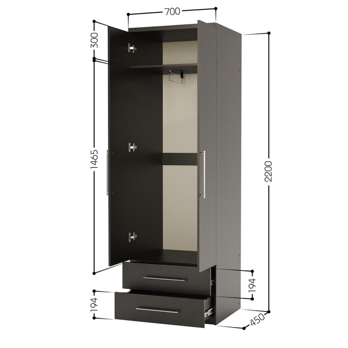 Для одежды, Шкаф для одежды с ящиками Комфорт МШЯ-21 70х45 с зеркалами