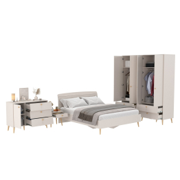 Шкафы двухдверные с кроватью двуспальной 1600 Афина с тумбочкой на ножках и комодом