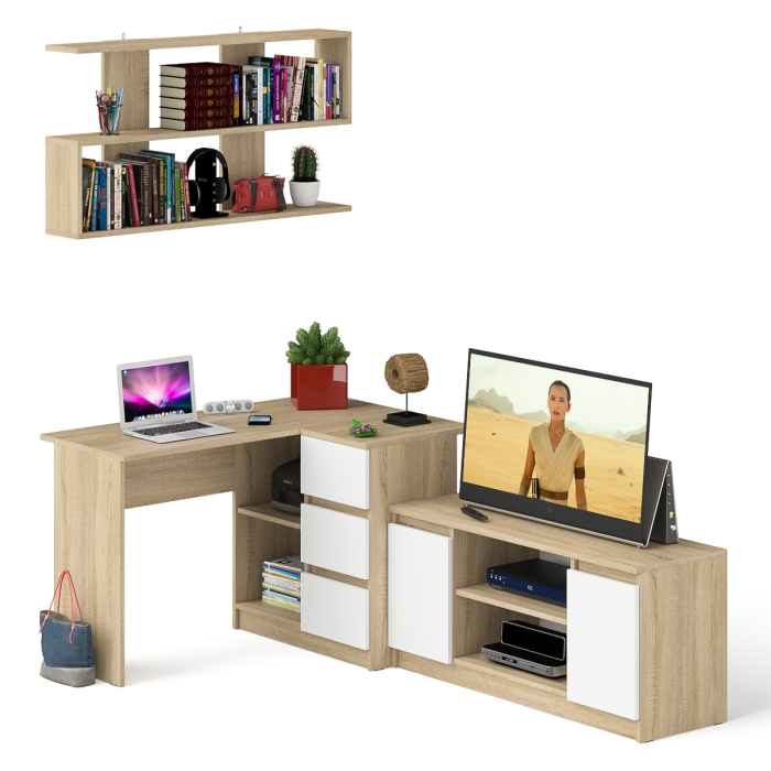 Домашние кабинеты, Стол угловой компьютерный Мори МС-16 правый с книжной полкой и ТВ-тумбой МТВ1200.1