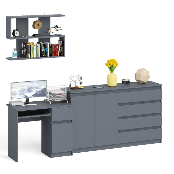 Домашние кабинеты, Тумба-комод с дверками и ящиками на 1600 со столом с тумбой и ящиком справа и навсеной полкой Мори