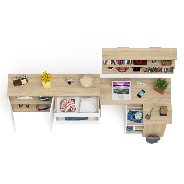 Домашние кабинеты, Тумба-комод МК1600.1 Мори с навесной книжной полкой и угловой компьютерный стол МС-16 правый
