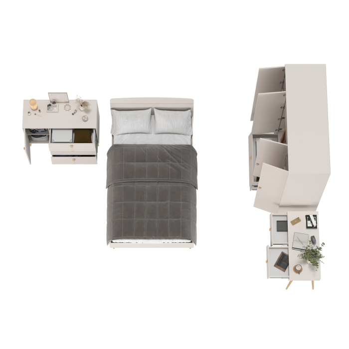 Спальные гарнитуры, Столик на ножках с кроватью Афина 1200 со шкафом 4-ре двери и комодом с ящиками