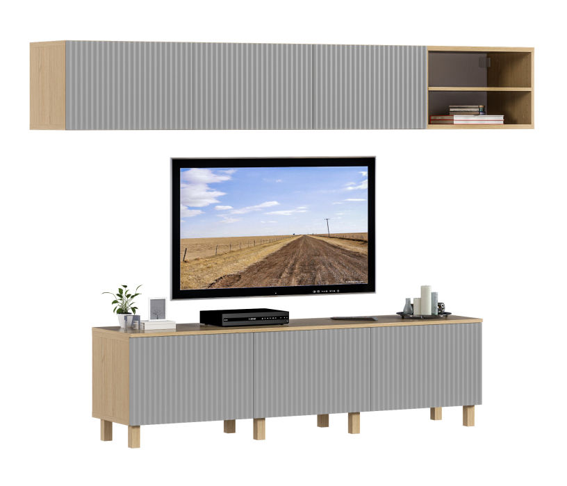 Стенки для гостиной, Гостиная (стенка) на ножках Тренд Дуб Винченца / МДФ Джаз Светло-серый