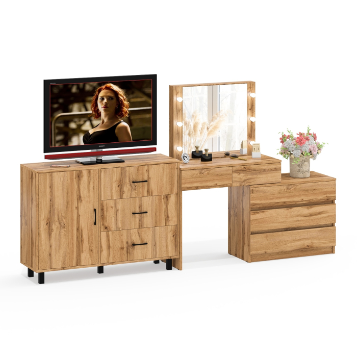 Туалетные столики, Угловой туалетный столик с подсветкой 110 и тумба-комод дверка и 3 ящика 122-1204