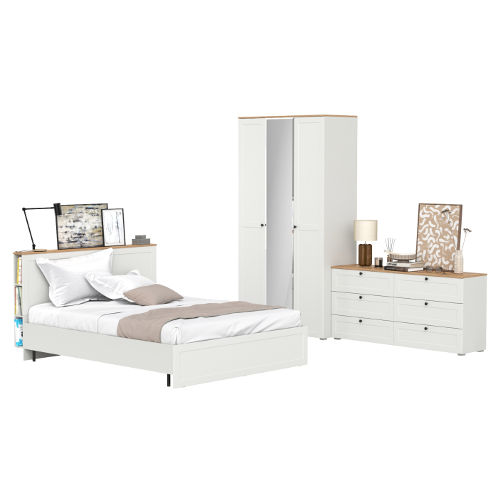 Спальные гарнитуры, Шкаф для одежды трёхдверный с зеркалом Остин с кроватью с основанием и комода на 6-ть ящиков