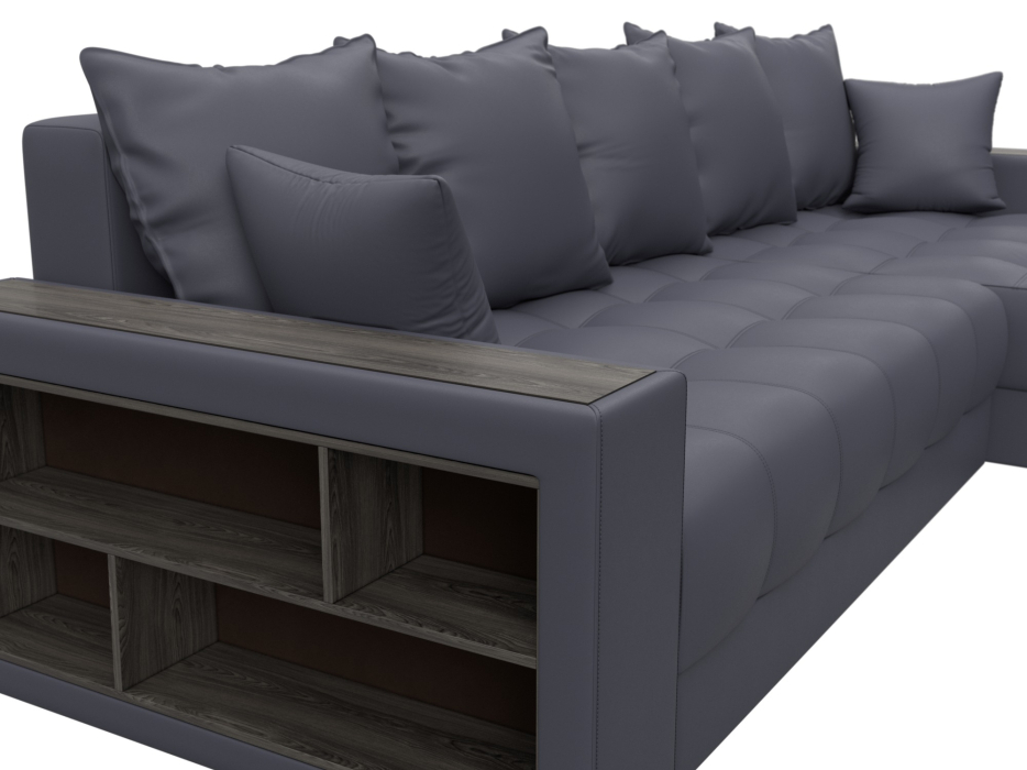 Диваны угловые в гостиную, Диван угловой с декором и полкой Лига-050 НПБ, экокожа GRIFON