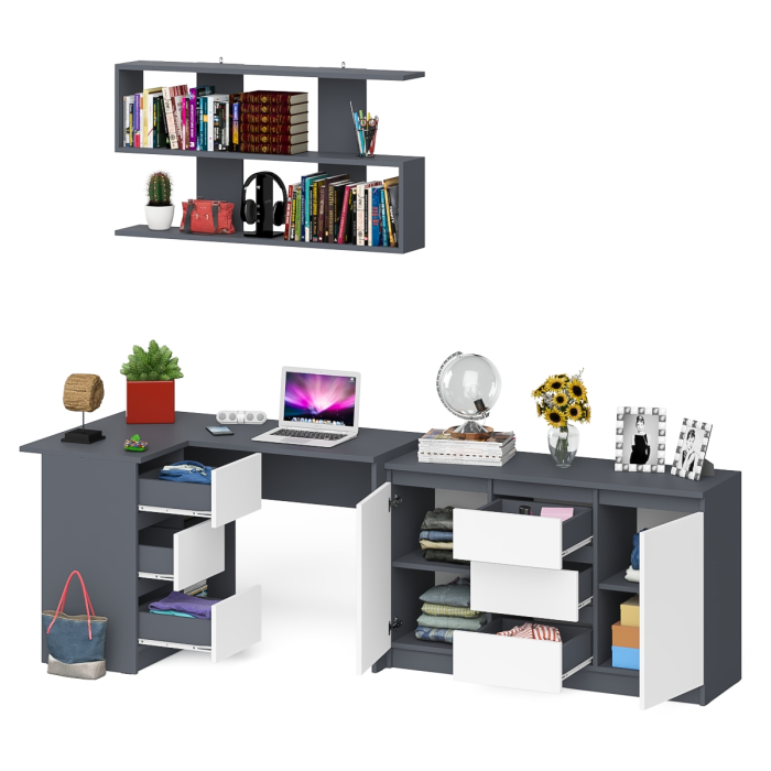 Домашние кабинеты, Угловой компьютерный стол Мори МС-16 левый с верхней полкой и тумбой-комодом 1200-3