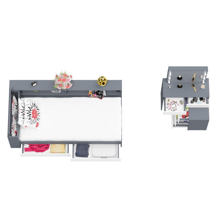 Спальные гарнитуры, Столик косметический с лампочками 110 и Ксения 900 односпальная кровать с ящиками и прикроватным блоком