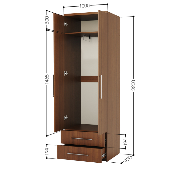 Для одежды, Шкаф для одежды с ящиками Комфорт МШЯ-21 100х45 с зеркалами