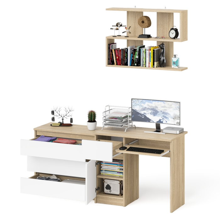 Прямые компьютерные столы, Однотумбовый стол компьютерный Мори МС-1 левый с комодом три ящика и навесной полкой 900