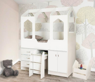 Кровать чердак Домик-Сказка с выдвижным столом ДС-14 Белое Дерево