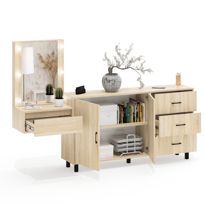 С зеркалом, Косметический навесной столик с подсветкой и комод с ящиками и дверками 123-1604