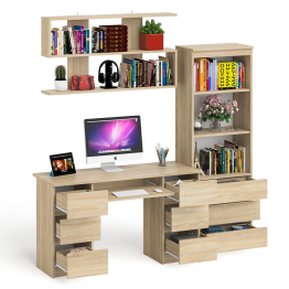 Рабочее место Мори из стола двухтумбового МС-2 с навесной полкой и стеллажом