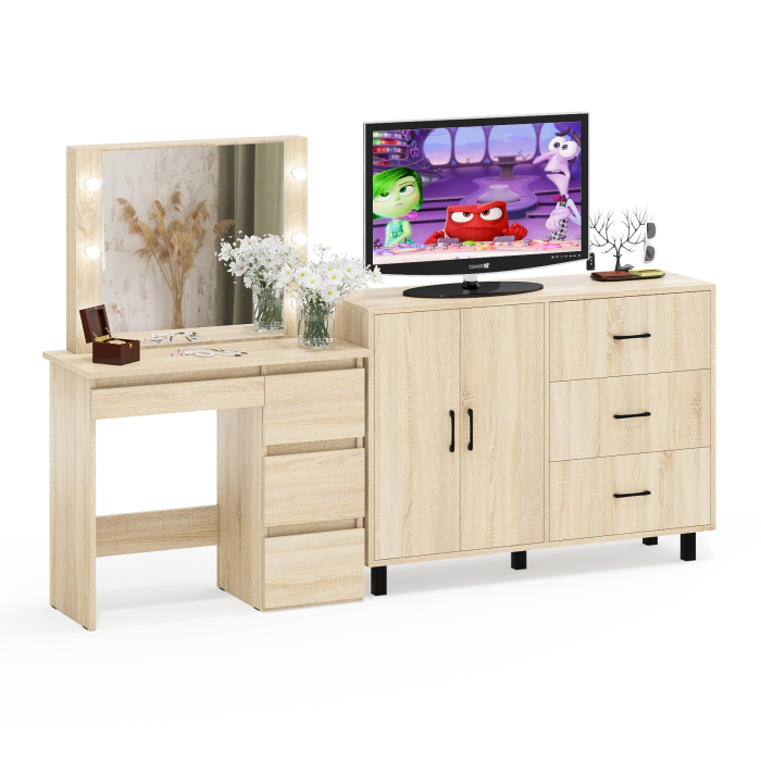 С зеркалом, Комод-тумба 123-1204 и столик косметический с подсветкой и зеркалом Сура