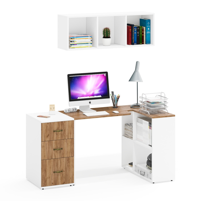 Домашние кабинеты, Универсальный письменный стол с тумбой с ящиками и верхней полкой Лидер-8