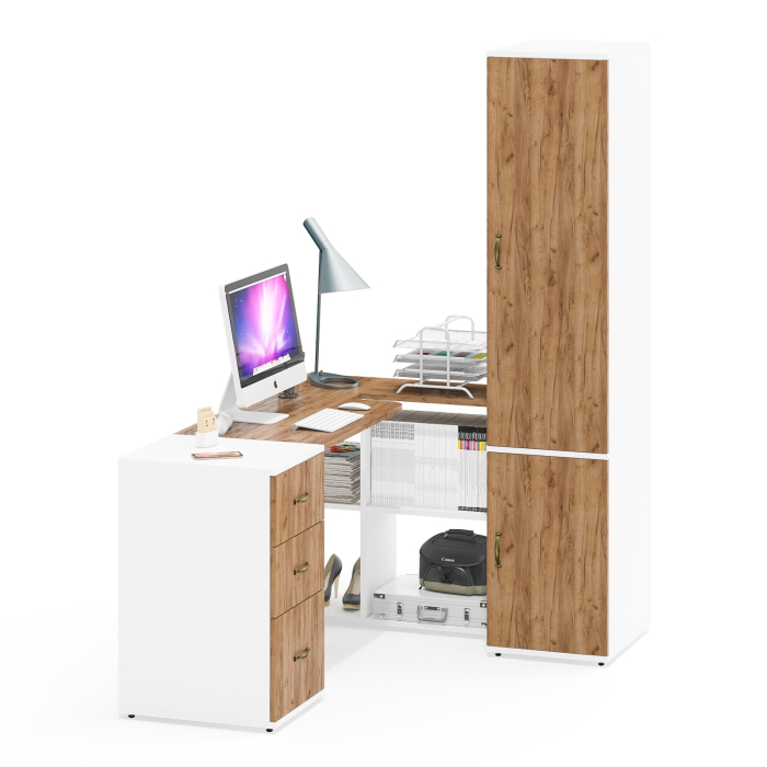 Домашние кабинеты, Шкаф платяной узкий Лидер-8 23Б со столом компьютерным и тумбочкой три ящика
