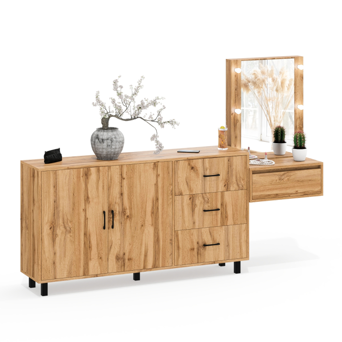 С зеркалом, Косметический навесной столик с подсветкой и комод с ящиками и дверками 123-1604