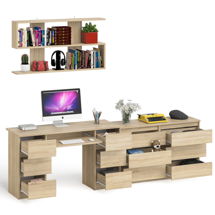 Домашние кабинеты, Широкий комод Мори на шесть ящиков с двутумбовым столом МС-2 и открытой полкой