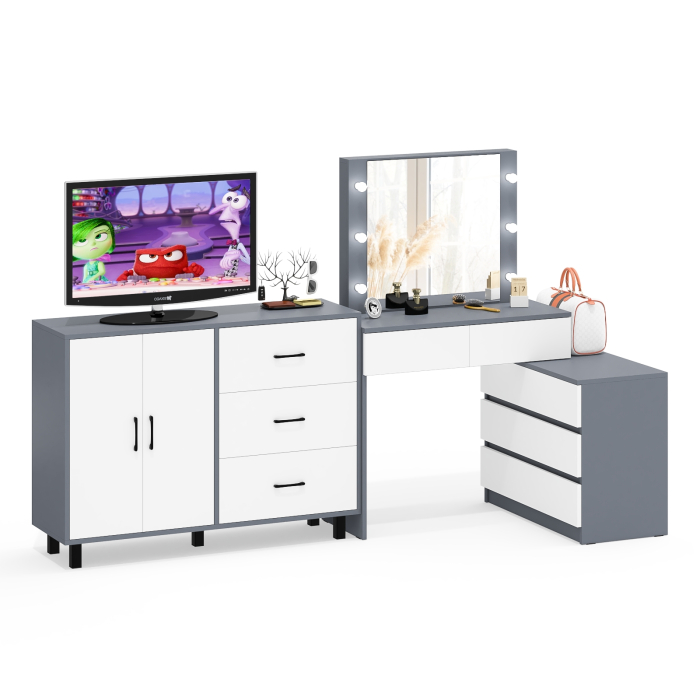 С зеркалом, Стол косметический с подсветкой 110 и тумба-комод с тремя ящиками и дверками 123-1204