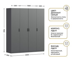 Шкаф четырехдверный Макс 2000 мм, вариант №2 (ЛДСП)
