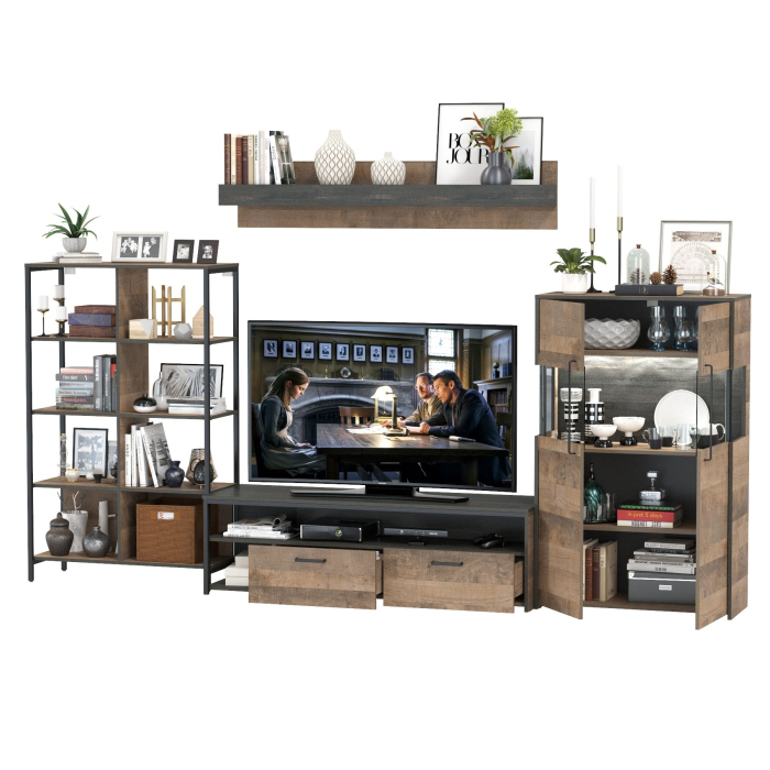 Стенки для гостиной, Стенка лофт в гостиную Трувор № 57 с комодом-витриной с подсветкой