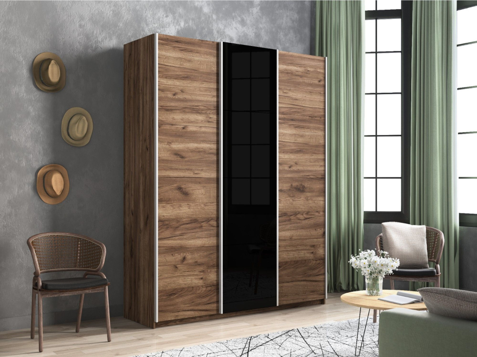Шкафы-купе 3-х дверные, Шкаф-купе Прайм 3-х дверный ДСП/Стекло черное/Доводчики 180х57х230