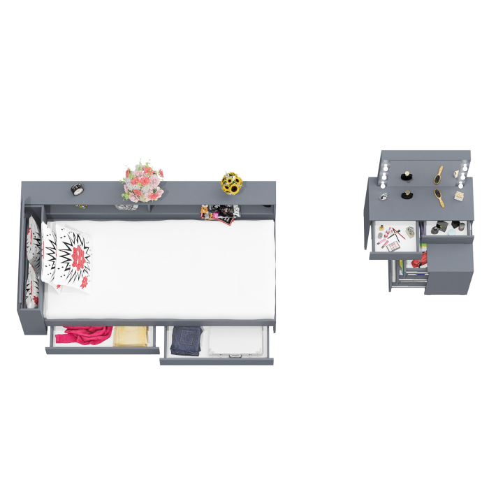 Спальные гарнитуры, Столик косметический с лампочками 110 и Ксения 900 односпальная кровать с ящиками и прикроватным блоком