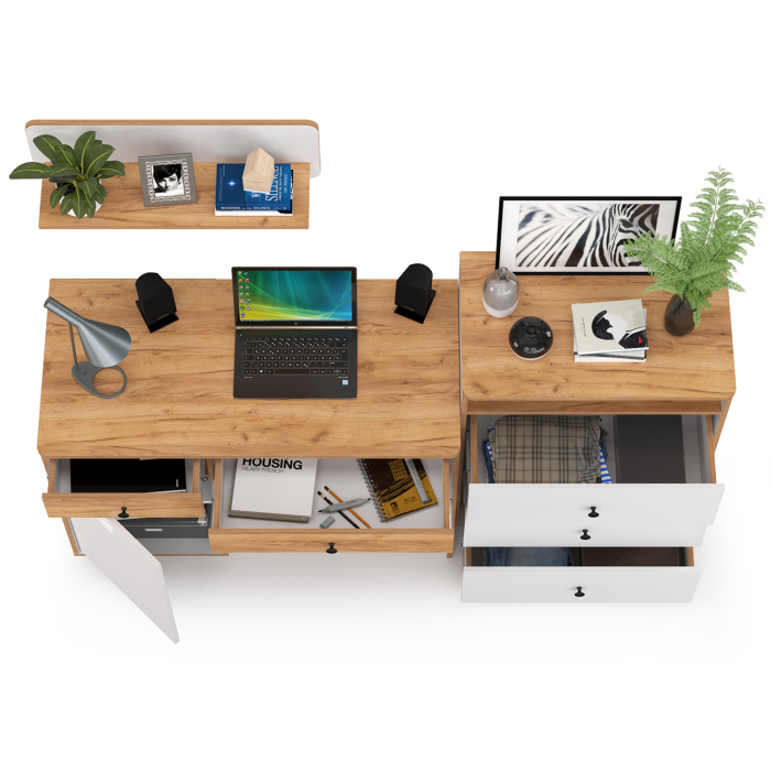 Офисная мебель, Стол письменный с комодом и навесной полкой Вуди
