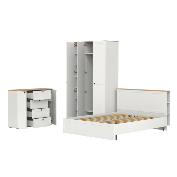 Спальные гарнитуры, Тумба-комод 16.221 Остин со шкафом для одежды 13.336.03 и двуспальной кровати с ортопедом 1600