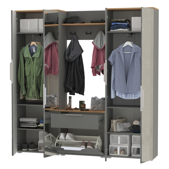 Прихожие, Два шкафа для одежды с зеркалами и обувницей с вешалкой с полкой Октава