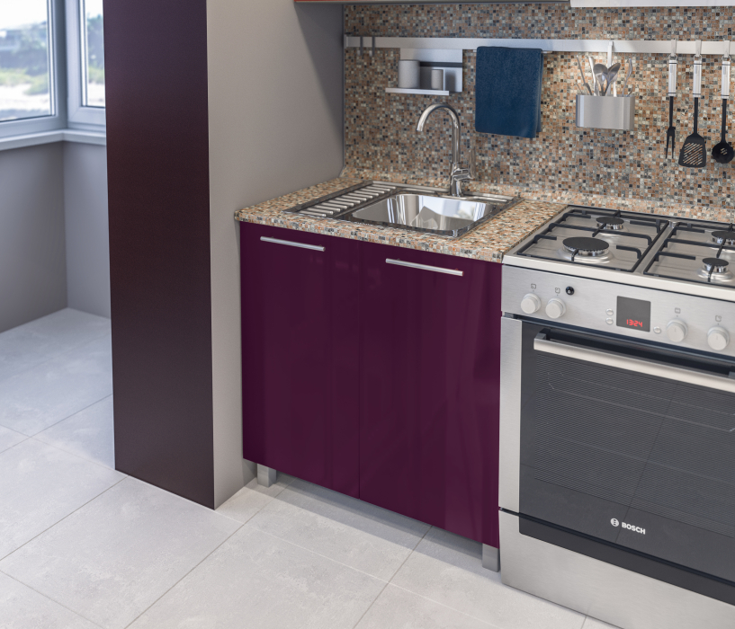 Кухонные гарнитуры, Анна Алюминий/Ваниль глянец/Баклажан глянец (без учета столешницы , панели) L-2000