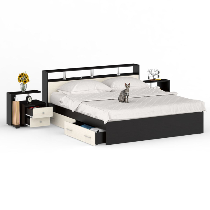 Спальные гарнитуры, Кровать с ящиками Камелия 1800 с двумя прикроватными тумбами