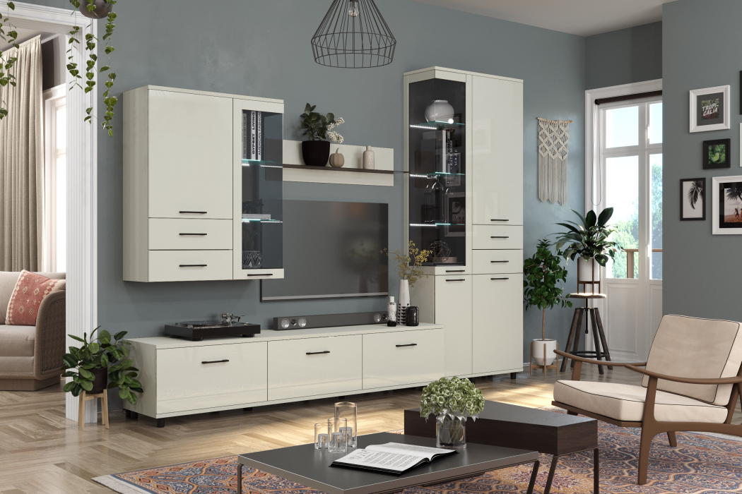 Стенки для гостиной, Модульная гостиная Грейс композиция 11  Серый Кашемир