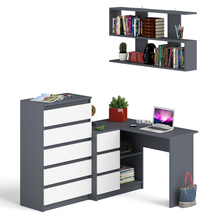 Домашние кабинеты, Угловой компьютерный стол Мори МС-16 левый с навесной полкой и высоким комодом на 5-ть ящиков