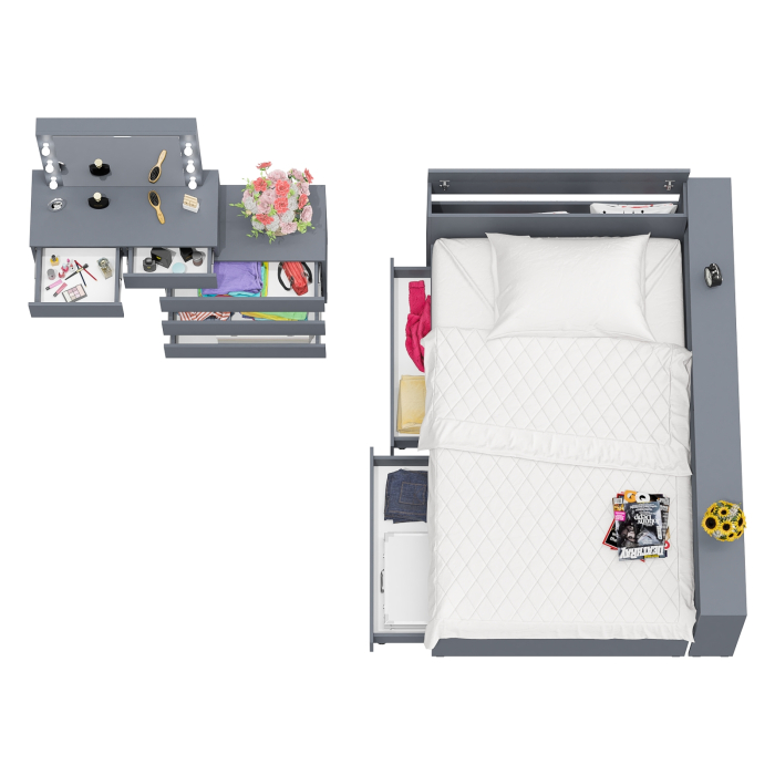 Спальные гарнитуры, Туалетный столик для спальни с подсветкой 110 и Ксения кровать 1200 с ящиками и прикроватный блок