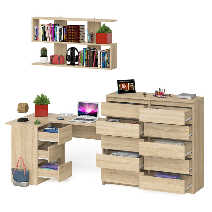 Домашние кабинеты, Стол угловой компьютерный Мори МС-16 левый с комодом на 10-ть ящиков и полкой на 1200