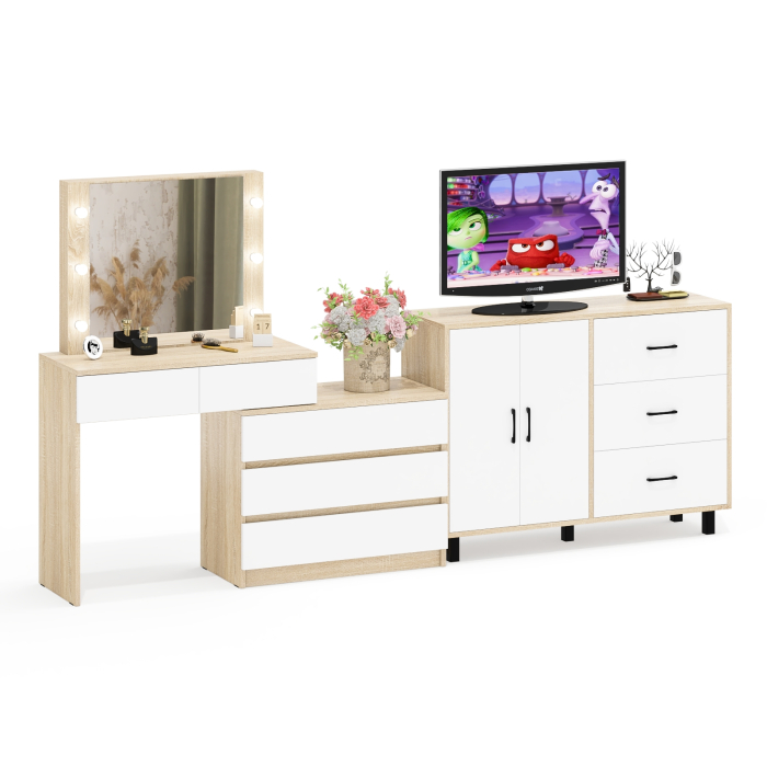 С зеркалом, Стол косметический с подсветкой 110 и тумба-комод с тремя ящиками и дверками 123-1204