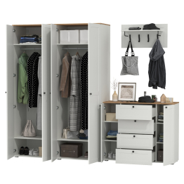 Комод четыре ящика с настенной вешалкой и двумя платяными шкафами Остин