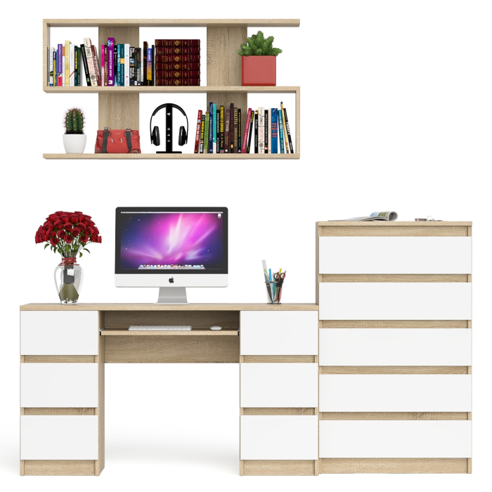 Домашние кабинеты, Стол для работы МС-2 с высоким комодом на пять ящиков и навесной полкой Мори