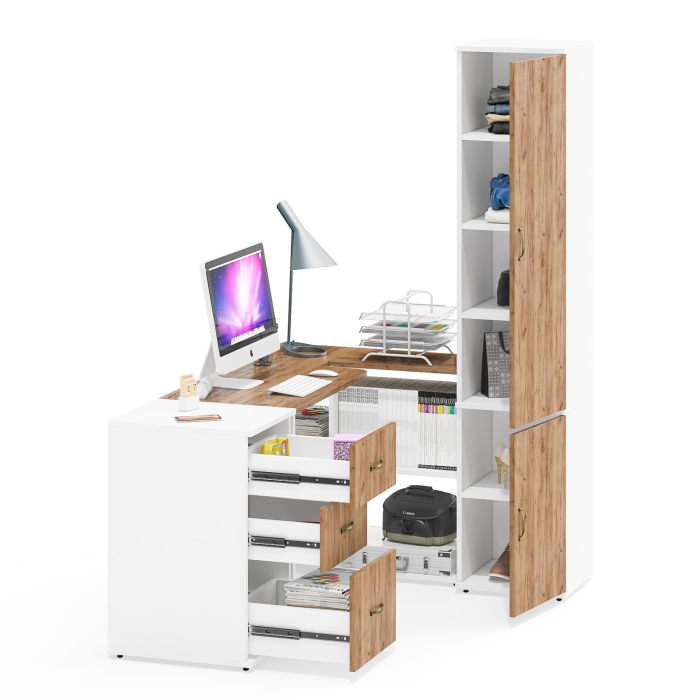 Домашние кабинеты, Тумбочка с выдвижными ящиками и письменный стол Лидер-8 с узким шкафом пять полок 22Б