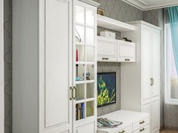 Пенал-витрина Ливерпуль + карниз ясень ваниль/белый